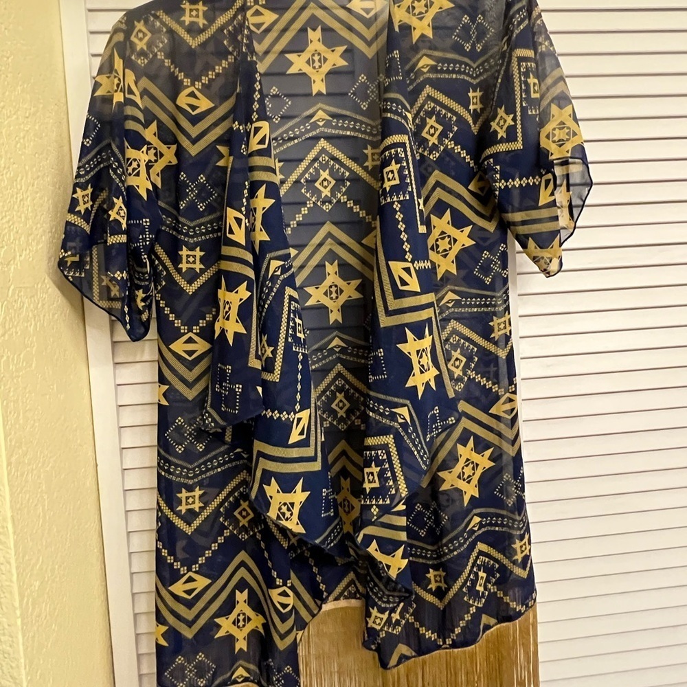 Lularoe Blue and Golden Yellow Sheer Jacket Cover Up Sz Small with Fringe coat